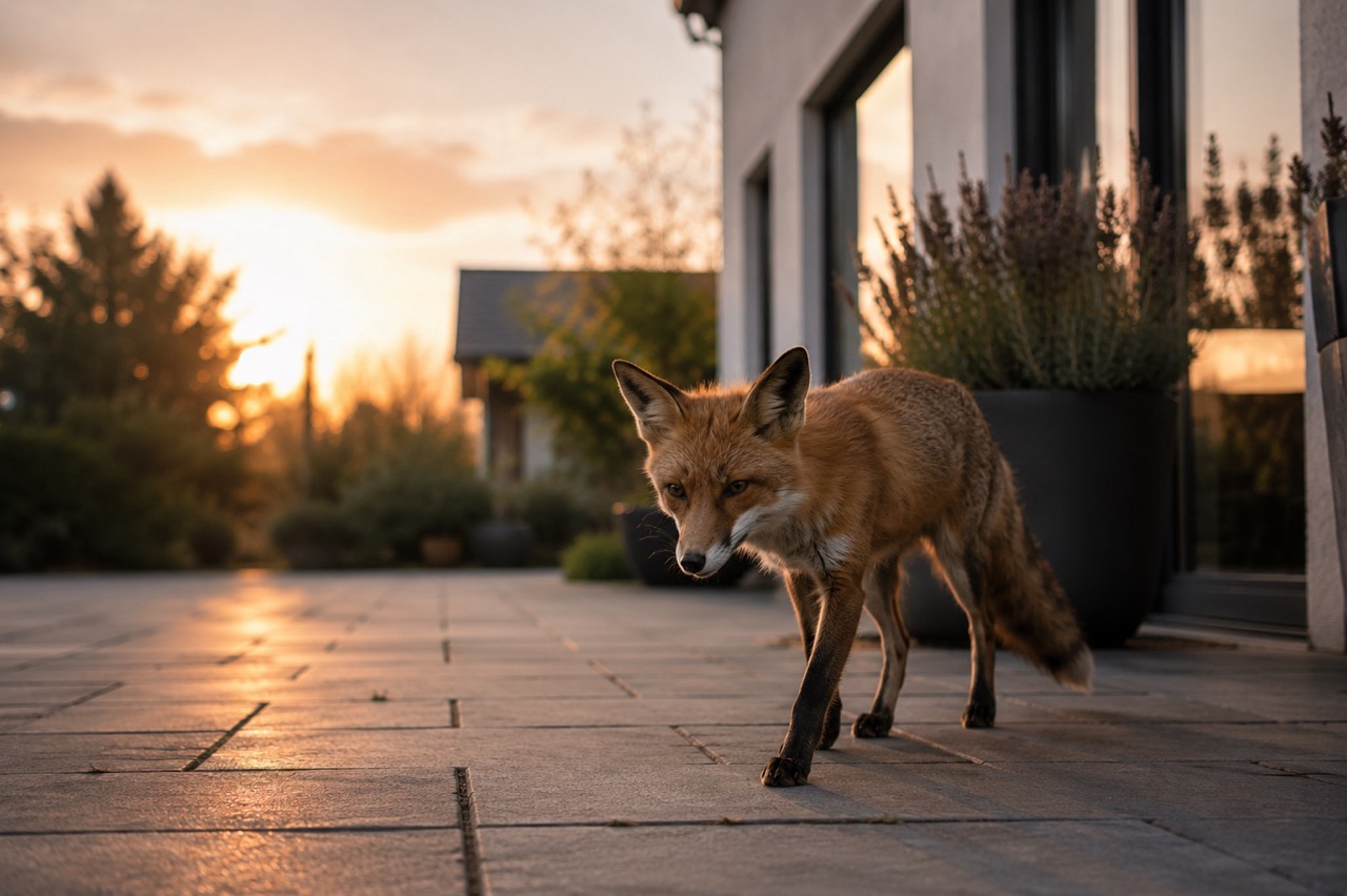 Fuchs an einer Haustür auf einer Terrasse