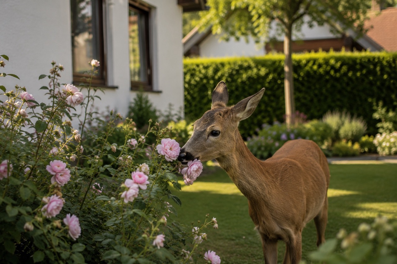 Reh knabbert an Rosen in einem Garten