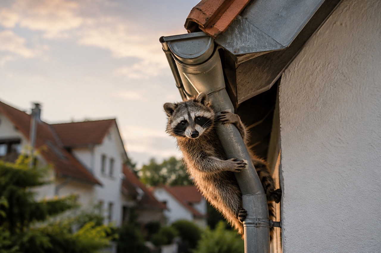 Waschbär auf einem Holzbalken unter einem Dach